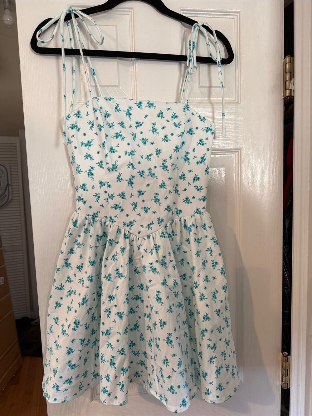 Zara White and Teal Floral Tie-Shoulder Sundress